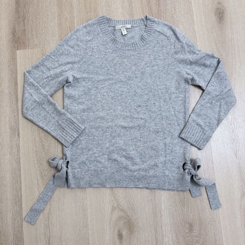 Cashmere Tie Hem Sweater Soft Raglan Sleeves Sz S Lark & Ro Heather Gray Cozy